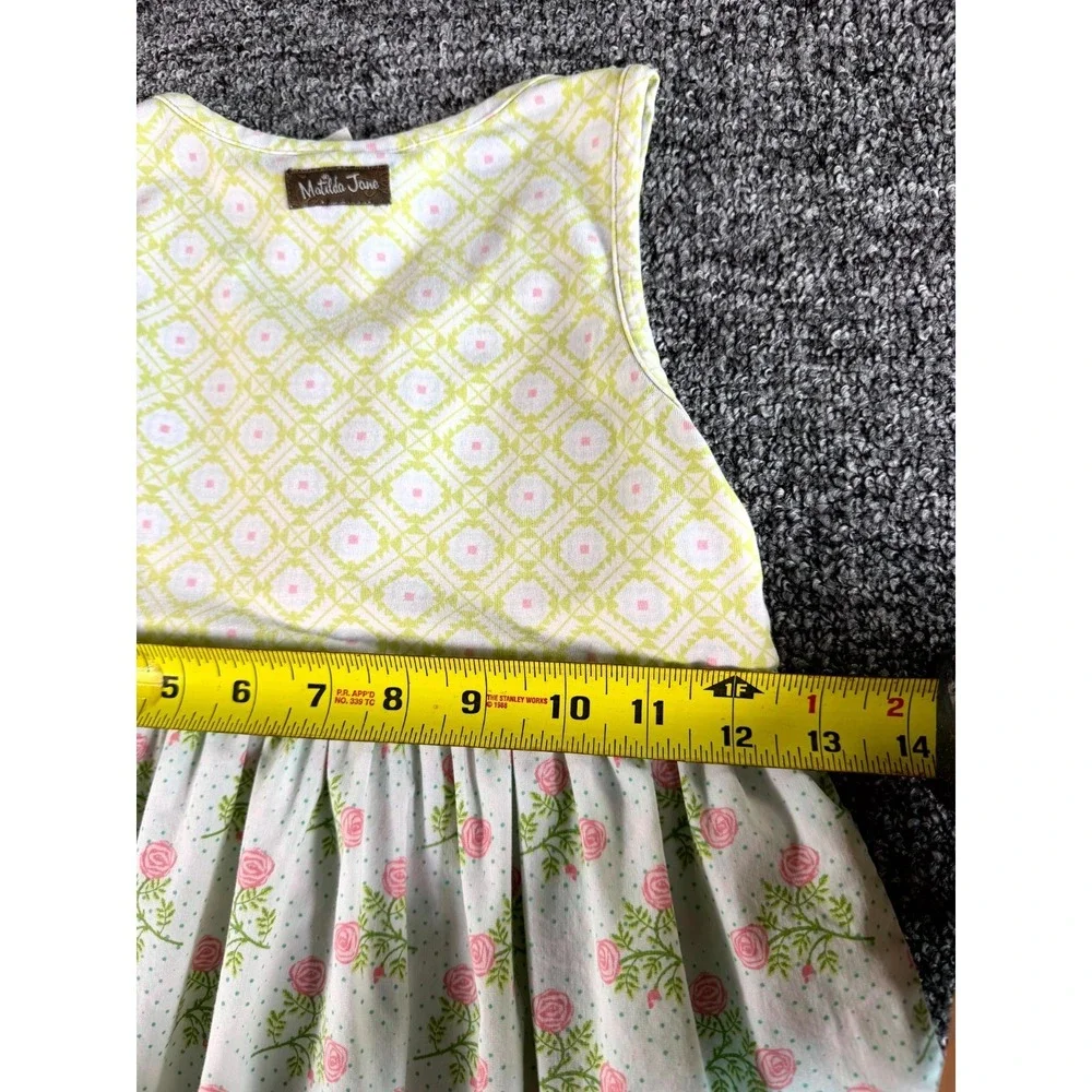 Matilda Jane A-Line Dress Kids 8 White Green Floral Pleated Cotton Round Neck